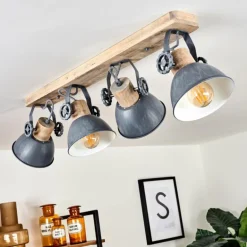 Plafonnier Orny Gris, Bois clair, 4 lumières
