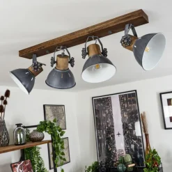 Plafonnier Orny Gris, Bois foncé, 4 lumières