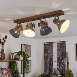 Plafonnier Orny Gris, Bois foncé, 4 lumières