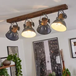 Plafonnier Orny Gris, Bois foncé, 4 lumières