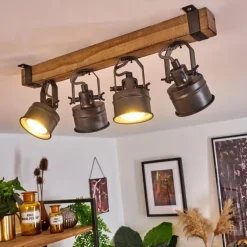 Plafonnier Pehefito Gris, Bois foncé, Noir, 4 lumières