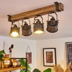 Plafonnier Pehefito Gris, Bois foncé, Noir, 4 lumières