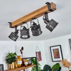 Plafonnier Pehefito Gris, Bois foncé, Noir, 4 lumières