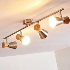 Plafonnier Pulau Bois clair, Nickel mat, 4 lumières