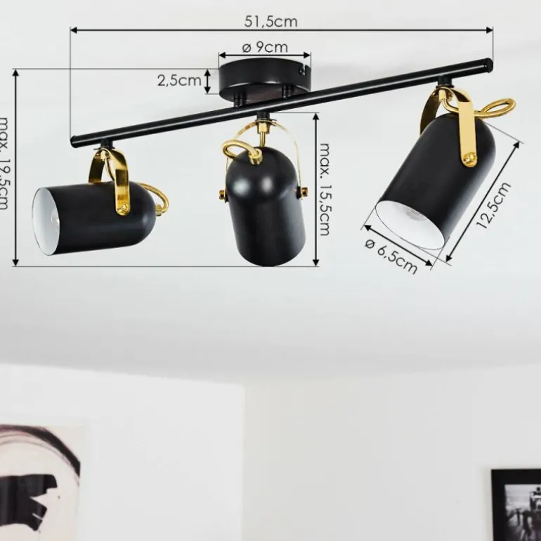 Plafonnier Rialey Laiton, Noir, 3 lumières