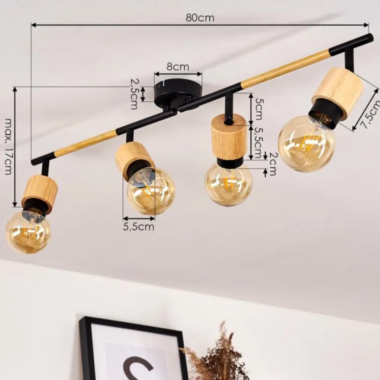 Plafonnier Sezze Bois clair, Noir, 4 lumières