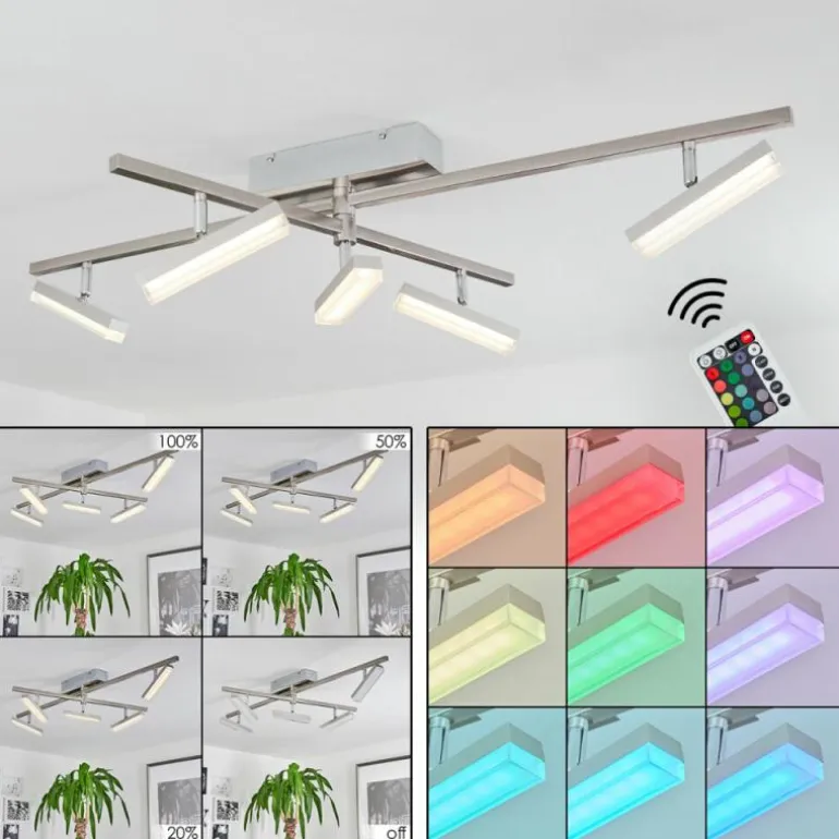 Plafonnier Vehkala LED Chrome, Nickel mat, 5 lumières, Télécommandes, Changeur de couleurs