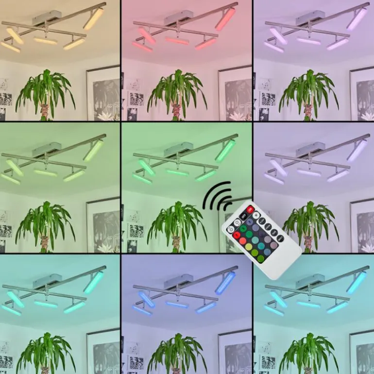 Plafonnier Vehkala LED Chrome, Nickel mat, 5 lumières, Télécommandes, Changeur de couleurs