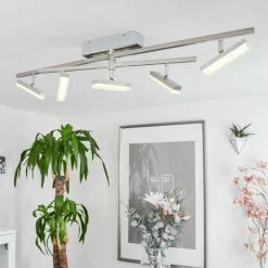 Plafonnier Vehkala LED Chrome, Nickel mat, 5 lumières, Télécommandes, Changeur de couleurs