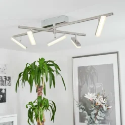 Plafonnier Vehkala LED Chrome, Nickel mat, 5 lumières, Télécommandes, Changeur de couleurs