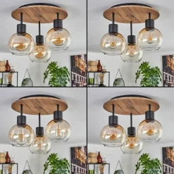 Plafonnier Vouhet Brun, Couleur bois, Noir, 3 lumières