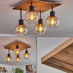 Plafonnier Vouhet Brun, Couleur bois, Noir, 4 lumières