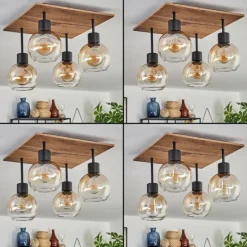 Plafonnier Vouhet Brun, Couleur bois, Noir, 4 lumières