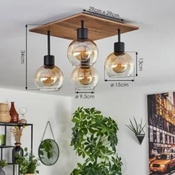 Plafonnier Vouhet Brun, Couleur bois, Noir, 4 lumières