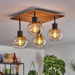 Plafonnier Vouhet Brun, Couleur bois, Noir, 4 lumières