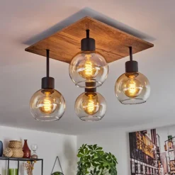 Plafonnier Vouhet Brun, Couleur bois, Noir, 4 lumières