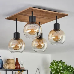 Plafonnier Vouhet Brun, Couleur bois, Noir, 4 lumières