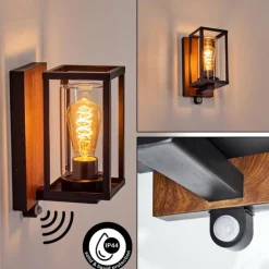 Portalis Lampe murale d´extérieur Brun, Couleur bois, Noir, 1 lumière, Détecteur de mouvement
