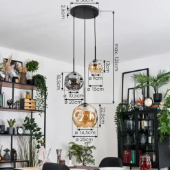 Ripoll Suspension, Boule lumineuse, Suspension Ambre, Fumé, 3 lumières