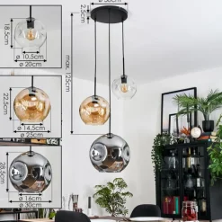 Ripoll Suspension, Boule lumineuse, Suspension, Suspension grappe Ambre, Clair, Fumé, 3 lumières