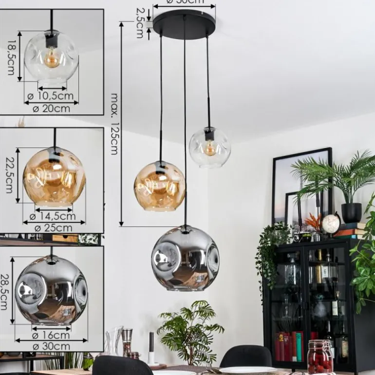 Ripoll Suspension, Boule lumineuse, Suspension, Suspension grappe Ambre, Clair, Fumé, 3 lumières