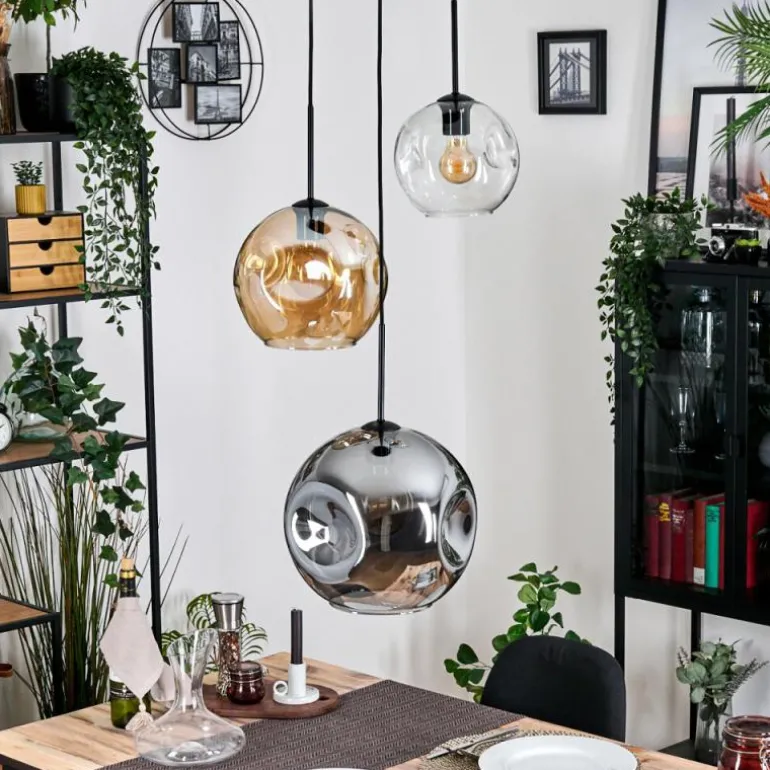 Ripoll Suspension, Boule lumineuse, Suspension, Suspension grappe Ambre, Clair, Fumé, 3 lumières