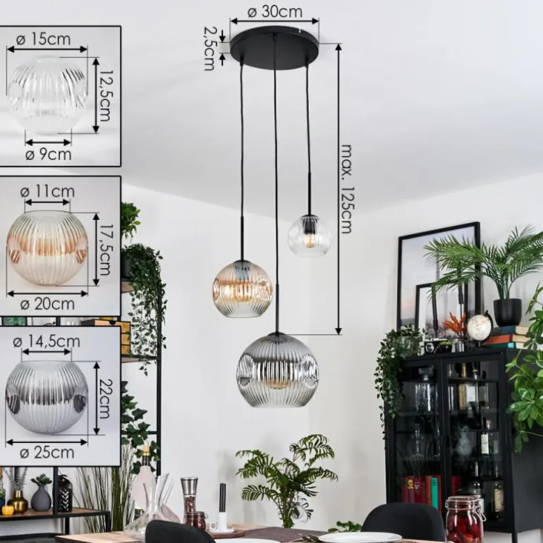 Ripoll Suspension, Boule lumineuse, Suspension, Suspension grappe Ambre, Clair, Fumé, 3 lumières