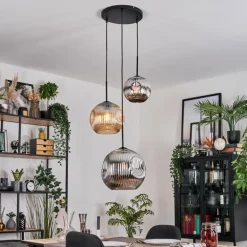 Ripoll Suspension, Boule lumineuse, Suspension, Suspension grappe Ambre, Chrome, Fumé, 3 lumières