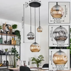 Ripoll Suspension, Boule lumineuse, Suspension, Suspension grappe Ambre, Chrome, Fumé, 3 lumières