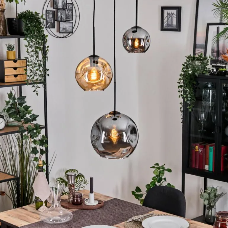 Ripoll Suspension, Boule lumineuse, Suspension, Suspension grappe Ambre, Fumé, 3 lumières