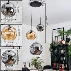 Ripoll Suspension, Boule lumineuse, Suspension, Suspension grappe Ambre, Fumé, 3 lumières