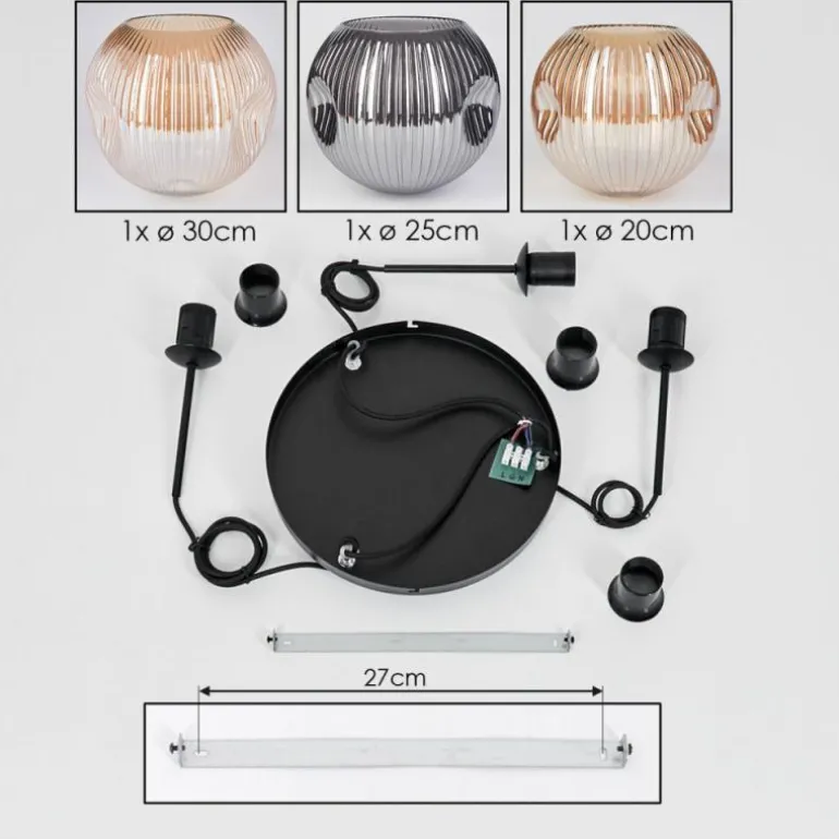 Ripoll Suspension, Boule lumineuse, Suspension, Suspension grappe Ambre, Chrome, Fumé, 3 lumières