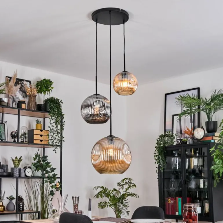 Ripoll Suspension, Boule lumineuse, Suspension, Suspension grappe Ambre, Chrome, Fumé, 3 lumières