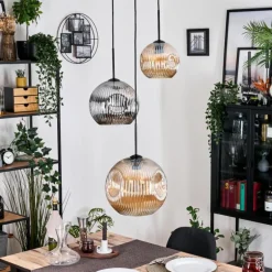 Ripoll Suspension, Boule lumineuse, Suspension, Suspension grappe Ambre, Chrome, Fumé, 3 lumières