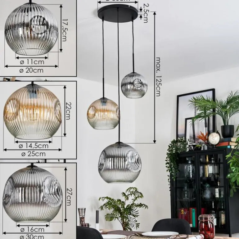 Ripoll Suspension, Boule lumineuse, Suspension, Suspension grappe Ambre, Clair, Fumé, 3 lumières