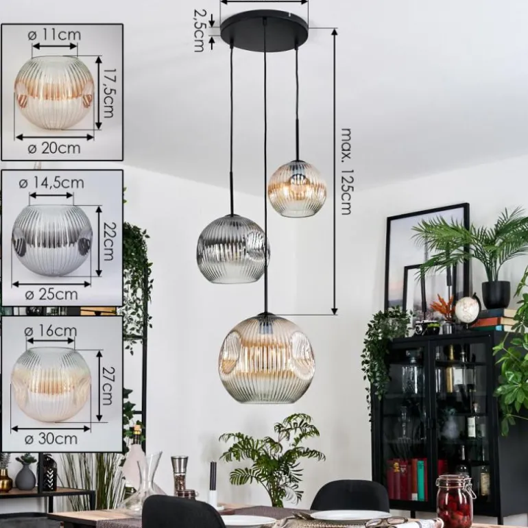 Ripoll Suspension, Boule lumineuse, Suspension, Suspension grappe Ambre, Clair, Fumé, 3 lumières