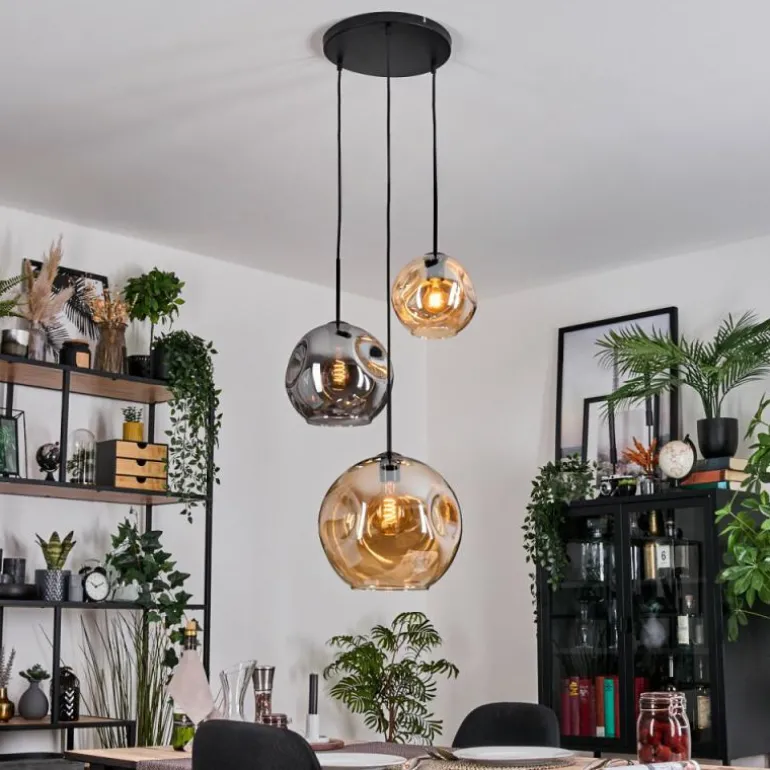 Ripoll Suspension, Boule lumineuse, Suspension grappe Ambre, Fumé, 3 lumières