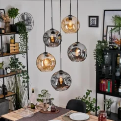 Ripoll Suspension, Boule lumineuse, Suspension grappe Ambre, Fumé, 5 lumières