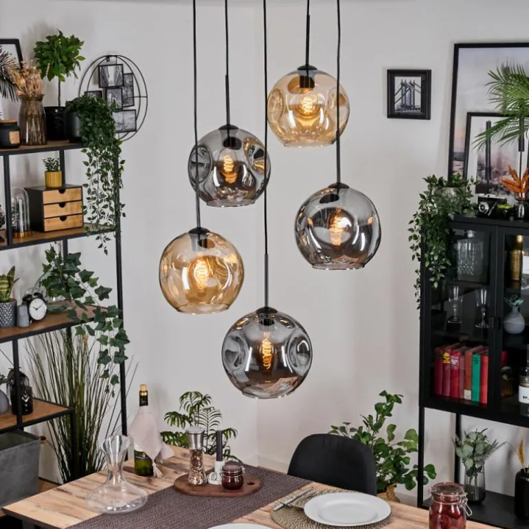 Ripoll Suspension, Boule lumineuse, Suspension grappe Ambre, Fumé, 5 lumières
