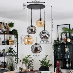 Ripoll Suspension, Boule lumineuse, Suspension grappe Ambre, Fumé, 5 lumières