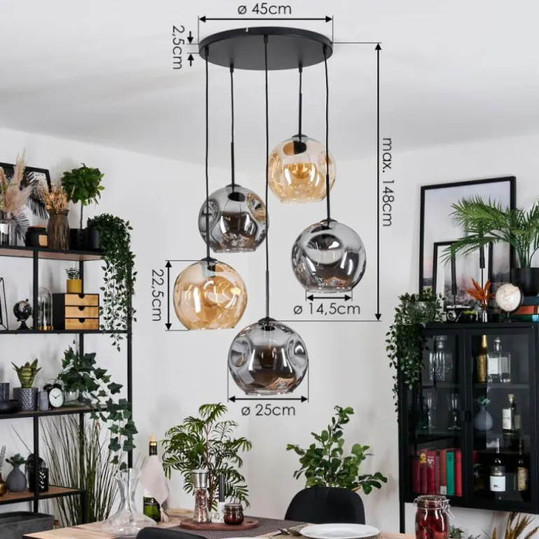 Ripoll Suspension, Boule lumineuse, Suspension grappe Ambre, Fumé, 5 lumières
