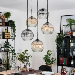 Ripoll Suspension, Boule lumineuse, Suspension grappe Ambre, Clair, Fumé, 5 lumières