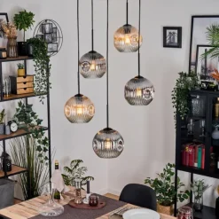 Ripoll Suspension, Boule lumineuse, Suspension grappe Ambre, Clair, Fumé, 5 lumières