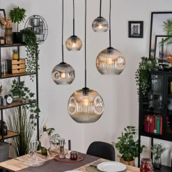 Ripoll Suspension, Boule lumineuse, Suspension grappe Ambre, Clair, Fumé, 5 lumières