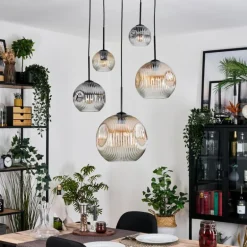 Ripoll Suspension, Boule lumineuse, Suspension grappe Ambre, Clair, Fumé, 5 lumières