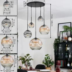 Ripoll Suspension, Boule lumineuse, Suspension grappe Ambre, Clair, Fumé, 5 lumières