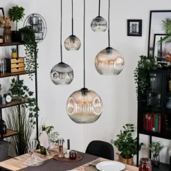 Ripoll Suspension, Boule lumineuse, Suspension grappe Ambre, Clair, Fumé, 5 lumières