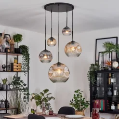 Ripoll Suspension, Boule lumineuse, Suspension grappe Ambre, Clair, Fumé, 5 lumières