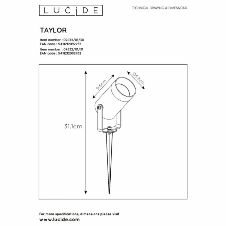 Spot de jardin Lucide TAYLOR Blanc, 1 lumière, Détecteur de mouvement