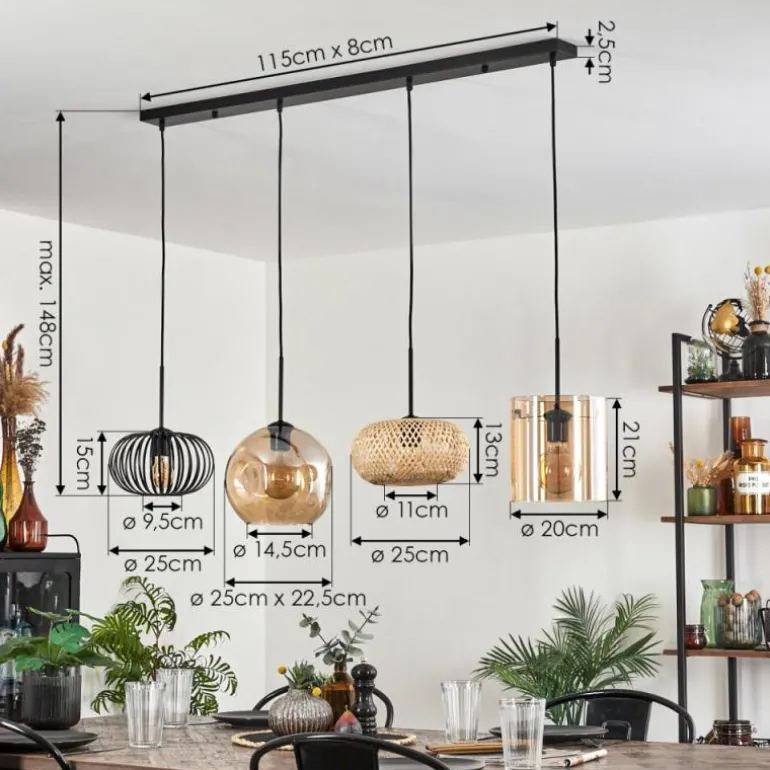 Suspension - Verre 25 cm, 20cm Ripoll Ambre, Écru, Noir, 4 lumières